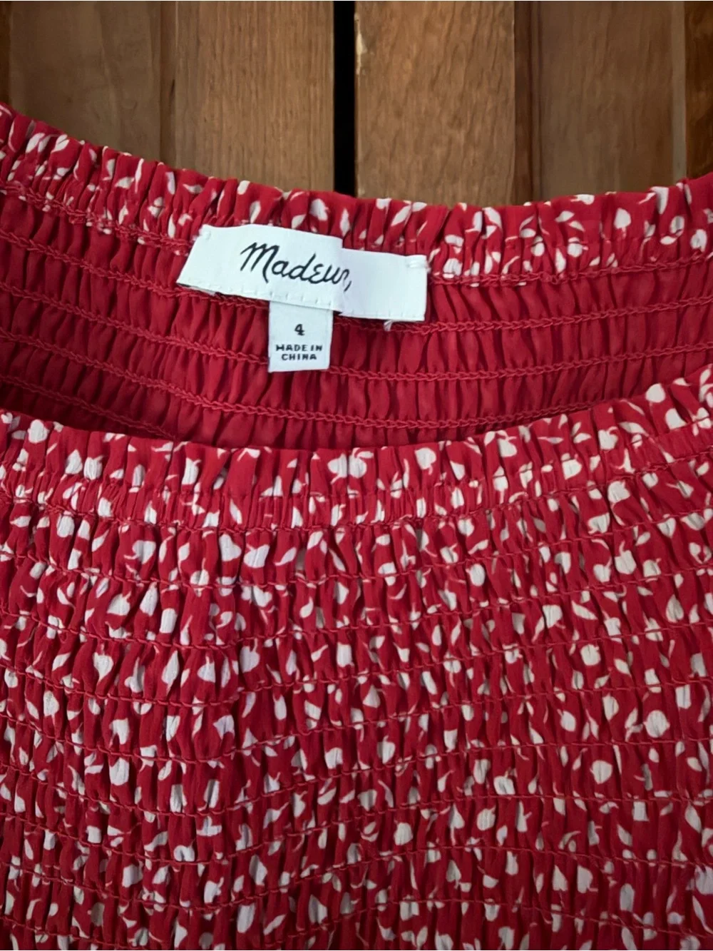 Madewell Red Smocked Peplum Blouse with Puff Sleeves